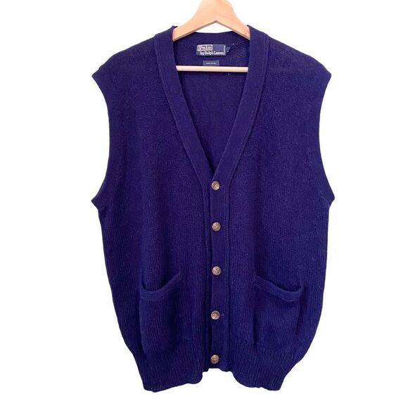 Vintage Polo by Ralph Lauren 100% Wool Blue V-Neck Front Button Sweater Vest L - Picture 1 of 9